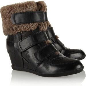 Ash Brizz Leather/Lamb Fur Wedge Boots Women's EU Size 35 US Size Women's 5